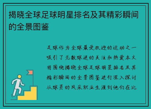 揭晓全球足球明星排名及其精彩瞬间的全景图鉴